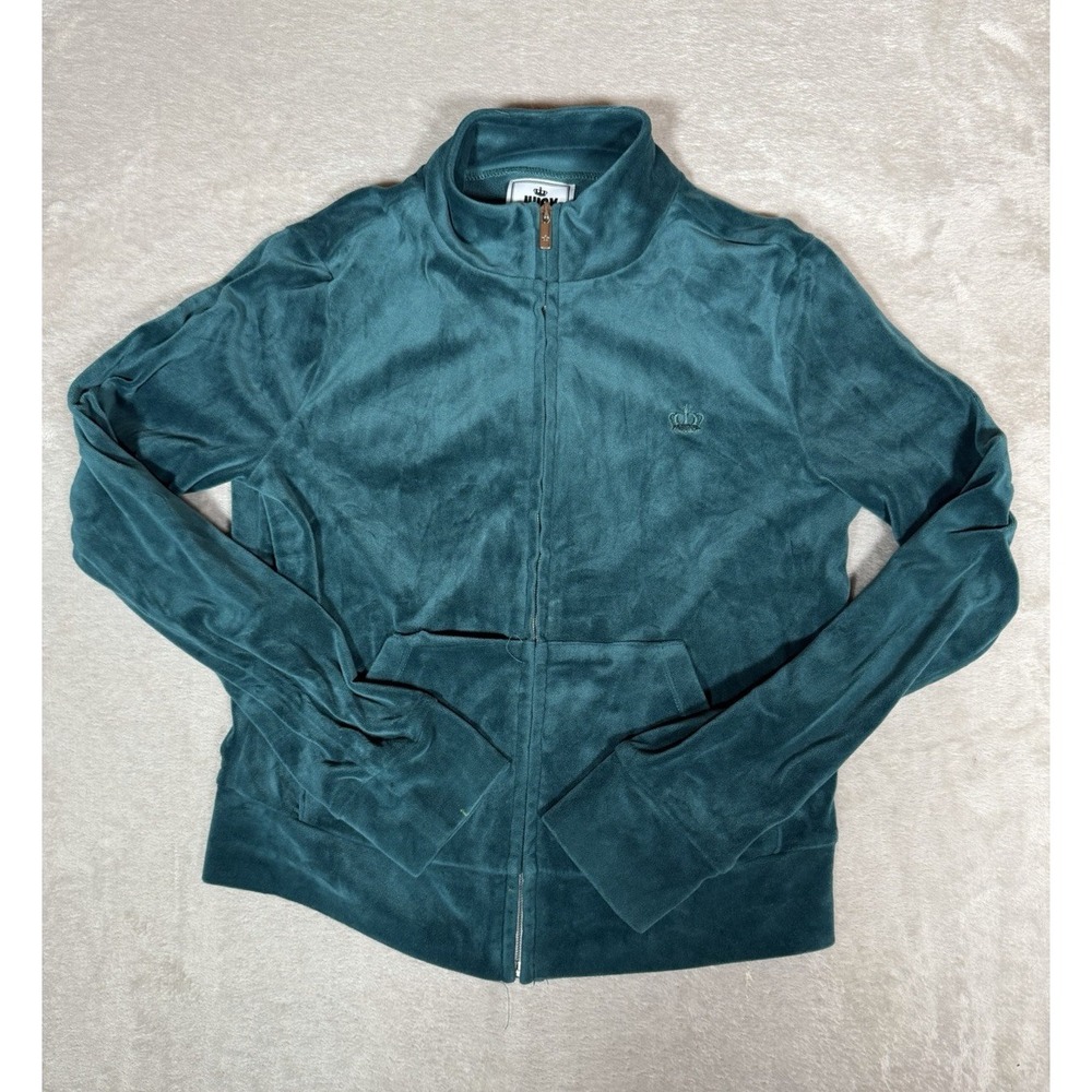 Juicy Couture Womens Velour Full Zip Jacket Teal Rhinestone Logo Pockets XS